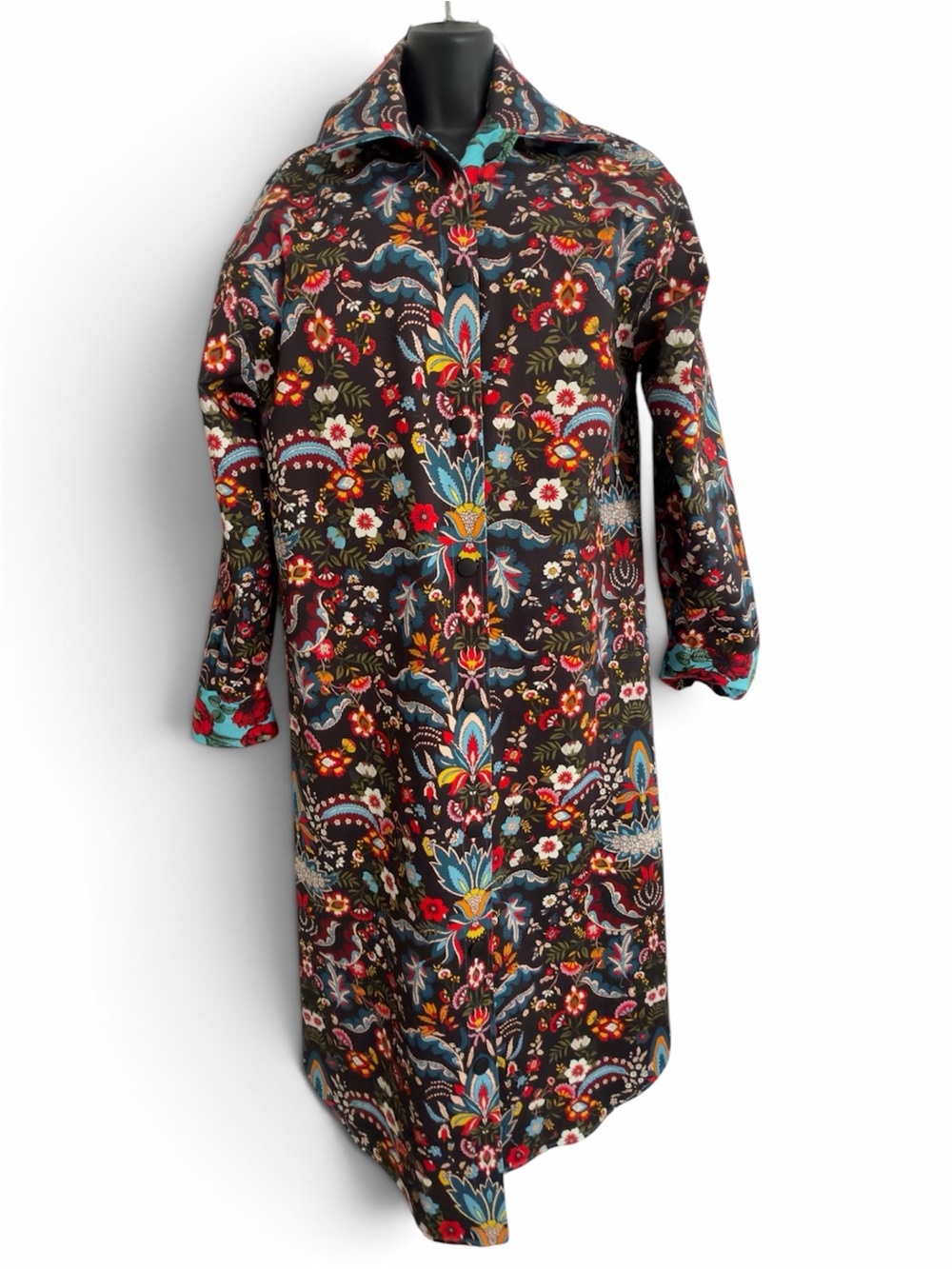 Alice + Olivia Reversible Floral Robe Coat with Teal & Red Accents